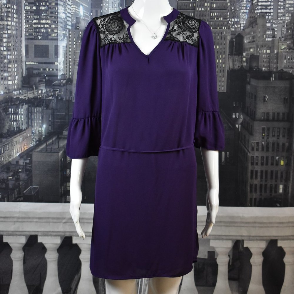 Sugarmint Black and Plum Elegant sheath dress with tie around waist size Small